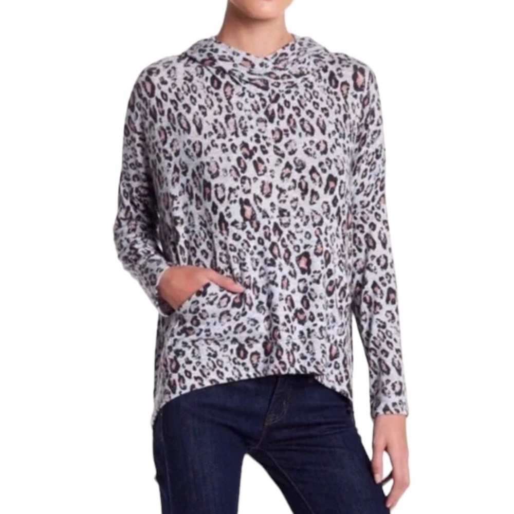 Sundry Draped Leopard Print Hoodie Top Gray Size 1 Small